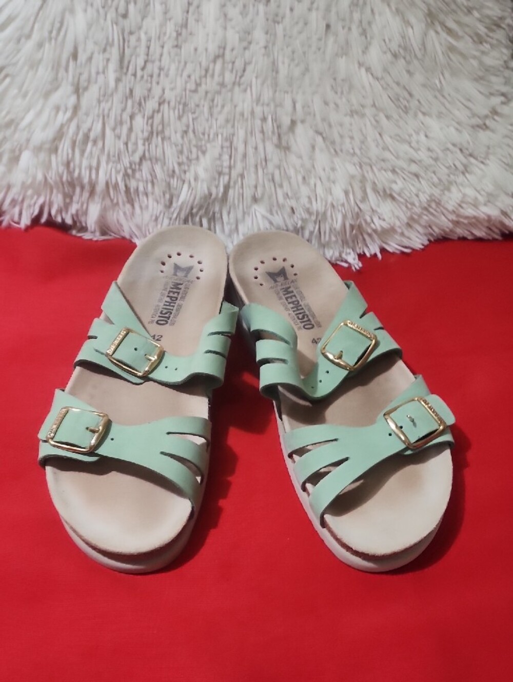Mephisto Helisa Mint Green Double-Buckle Slide Sandals with Gold Hardware